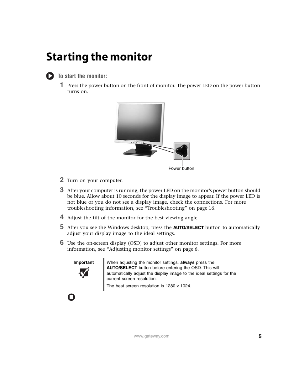 Starting the monitor | Gateway FPD1950 User Manual | Page 9 / 32