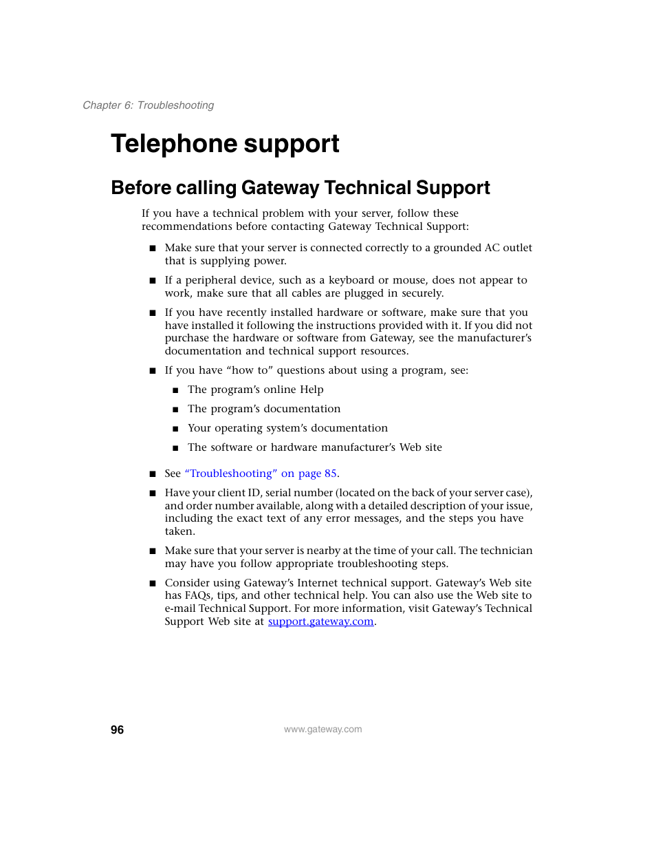 Telephone support, Before calling gateway technical support | Gateway 980 User Manual | Page 101 / 131