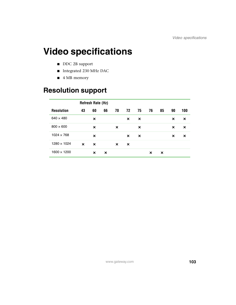 Video specifications, Resolution support | Gateway 980 User Manual | Page 108 / 131
