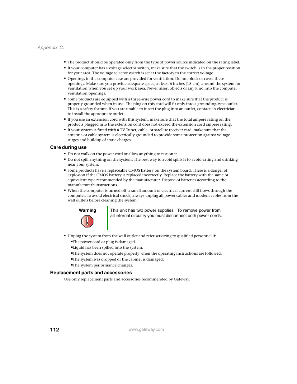 Appendi x c, Care during use, Replacement parts and accessories | Gateway 980 User Manual | Page 117 / 131