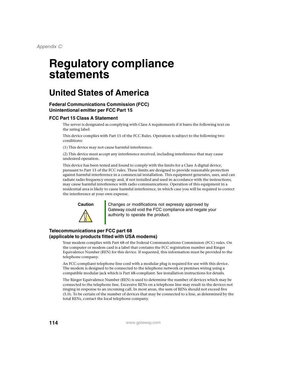 Regulatory compliance statements, United states of america | Gateway 980 User Manual | Page 119 / 131