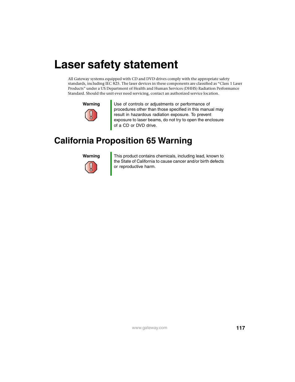 Laser safety statement, California proposition 65 warning | Gateway 980 User Manual | Page 122 / 131