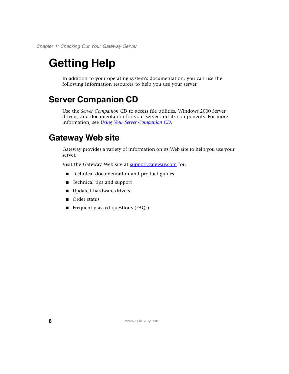 Getting help, Server companion cd, Gateway web site | Server companion cd gateway web site | Gateway 980 User Manual | Page 13 / 131