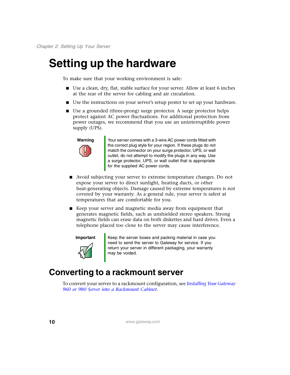 Setting up the hardware, Converting to a rackmount server | Gateway 980 User Manual | Page 15 / 131