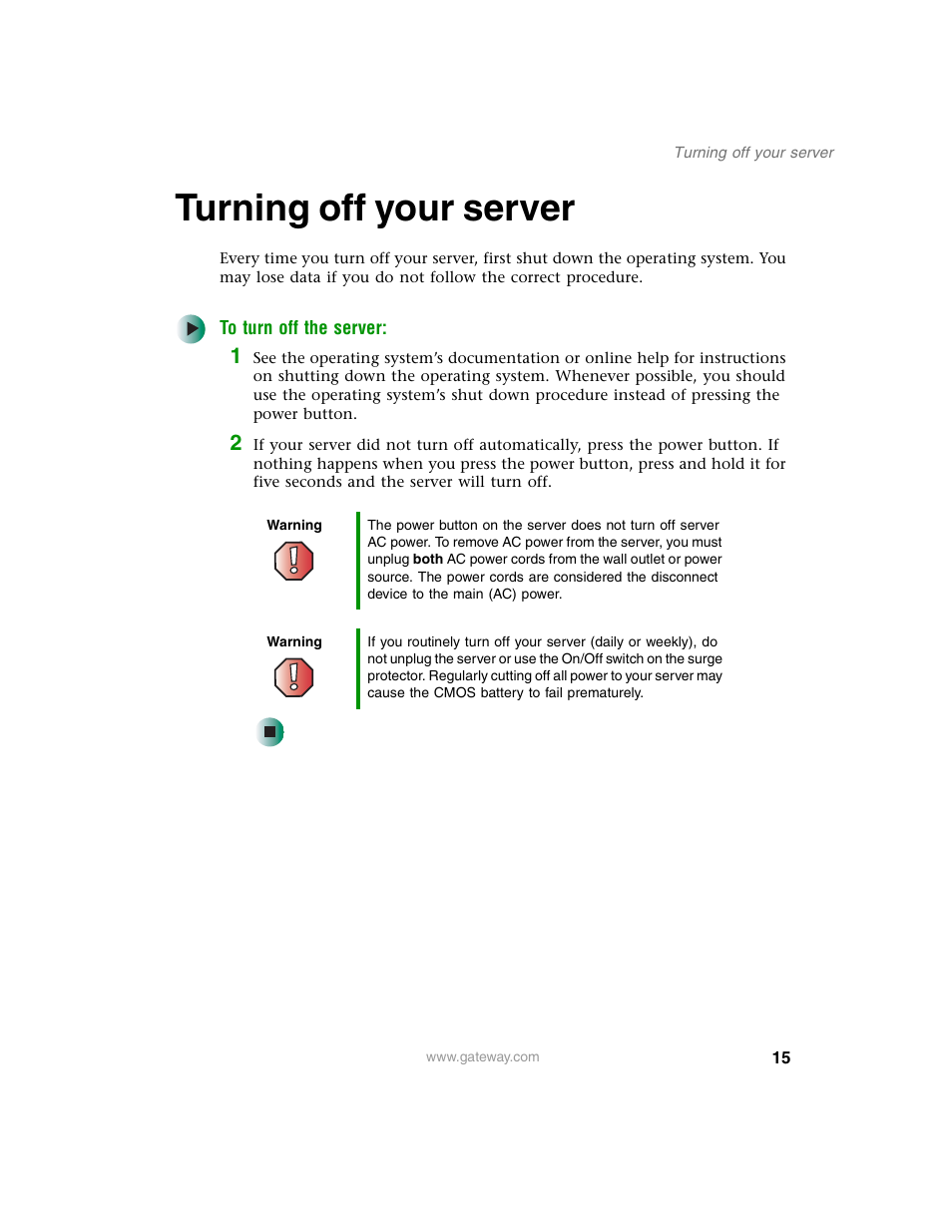 Turning off your server | Gateway 980 User Manual | Page 20 / 131
