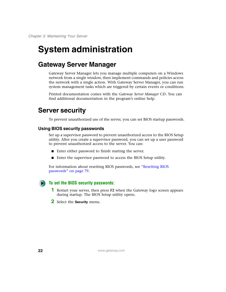 System administration, Gateway server manager, Server security | Using bios security passwords, Gateway server manager server security | Gateway 980 User Manual | Page 27 / 131