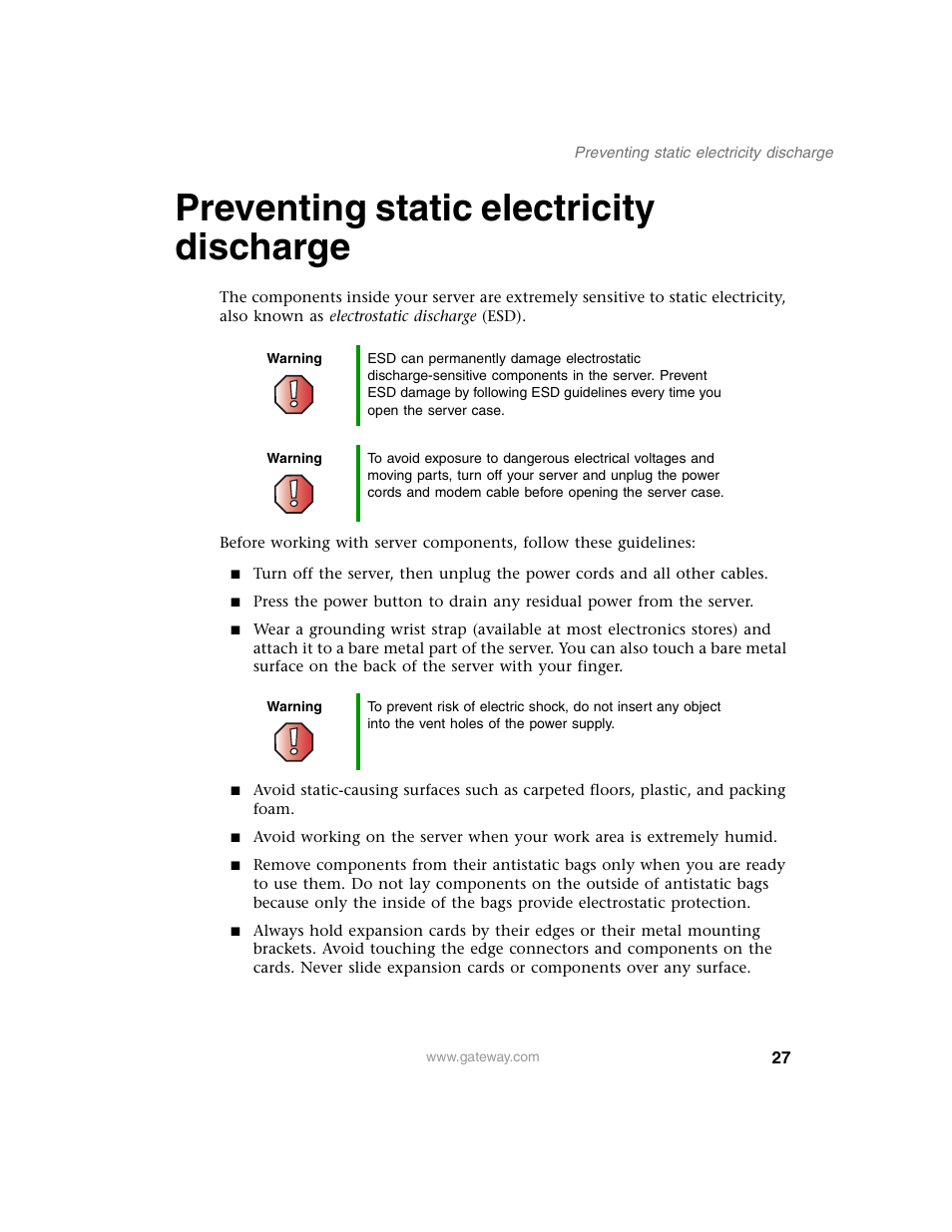 Preventing static electricity discharge | Gateway 980 User Manual | Page 32 / 131
