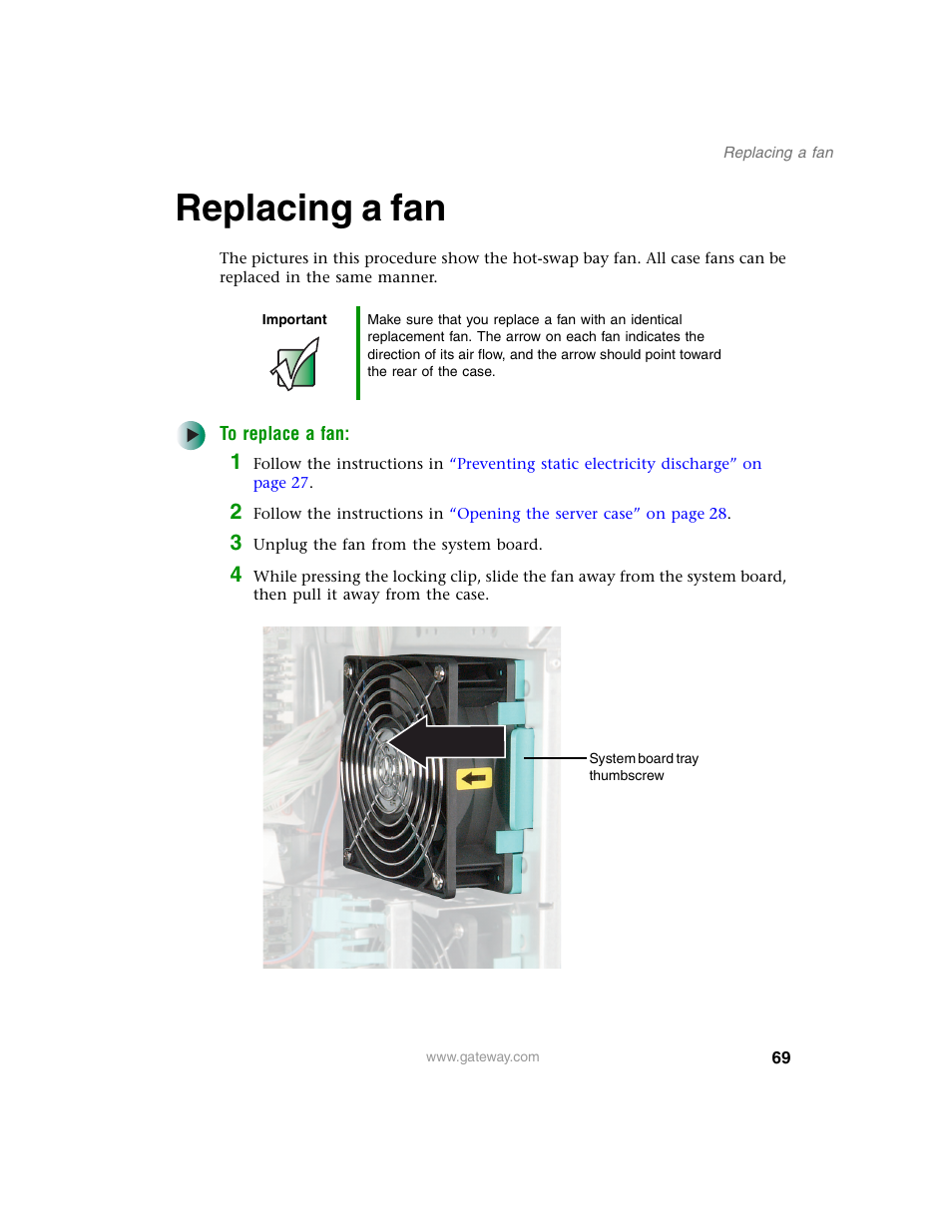 Replacing a fan | Gateway 980 User Manual | Page 74 / 131