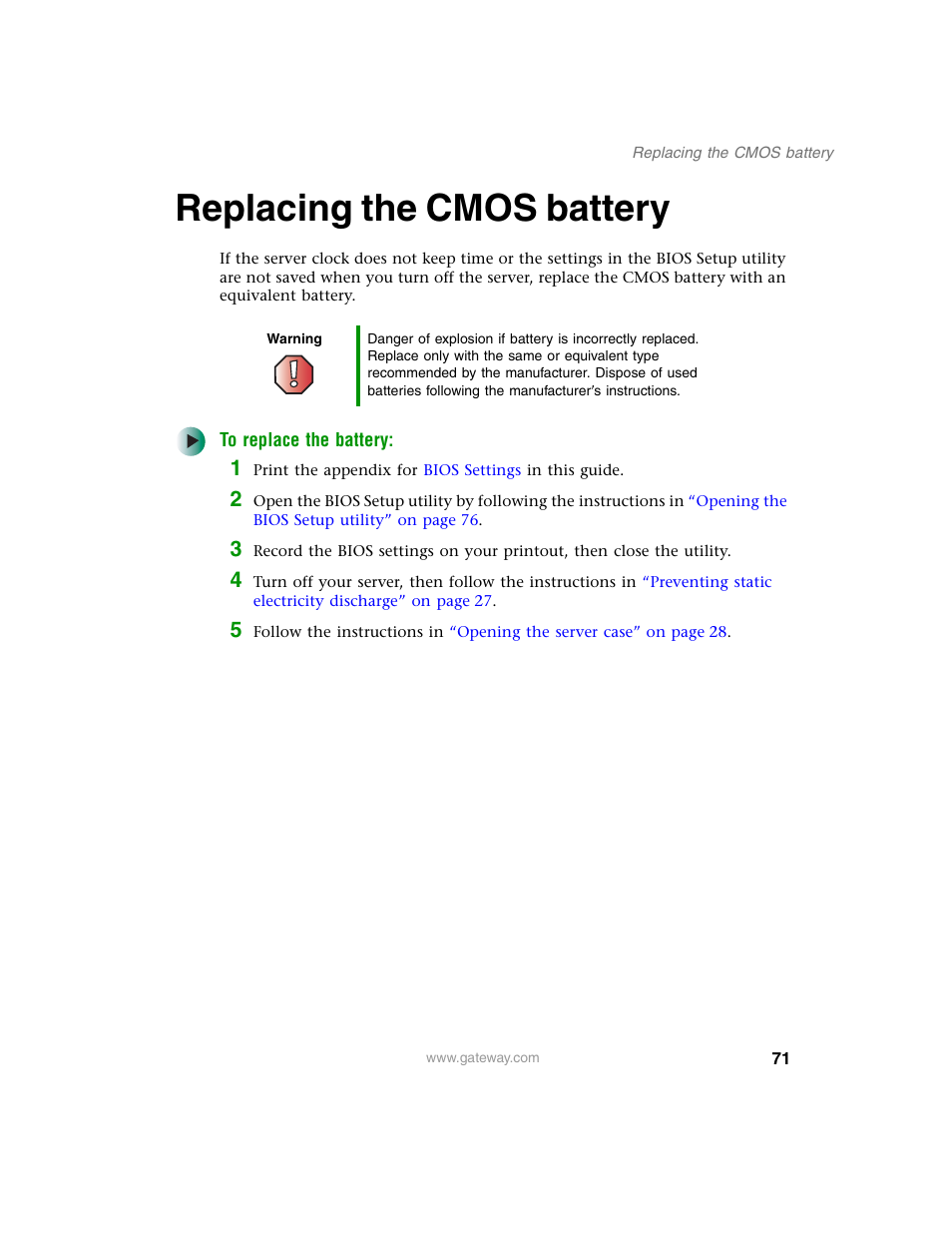 Replacing the cmos battery | Gateway 980 User Manual | Page 76 / 131