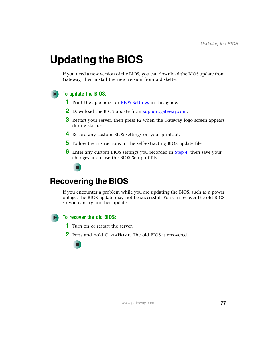 Updating the bios, Recovering the bios, Updating | Gateway 980 User Manual | Page 82 / 131