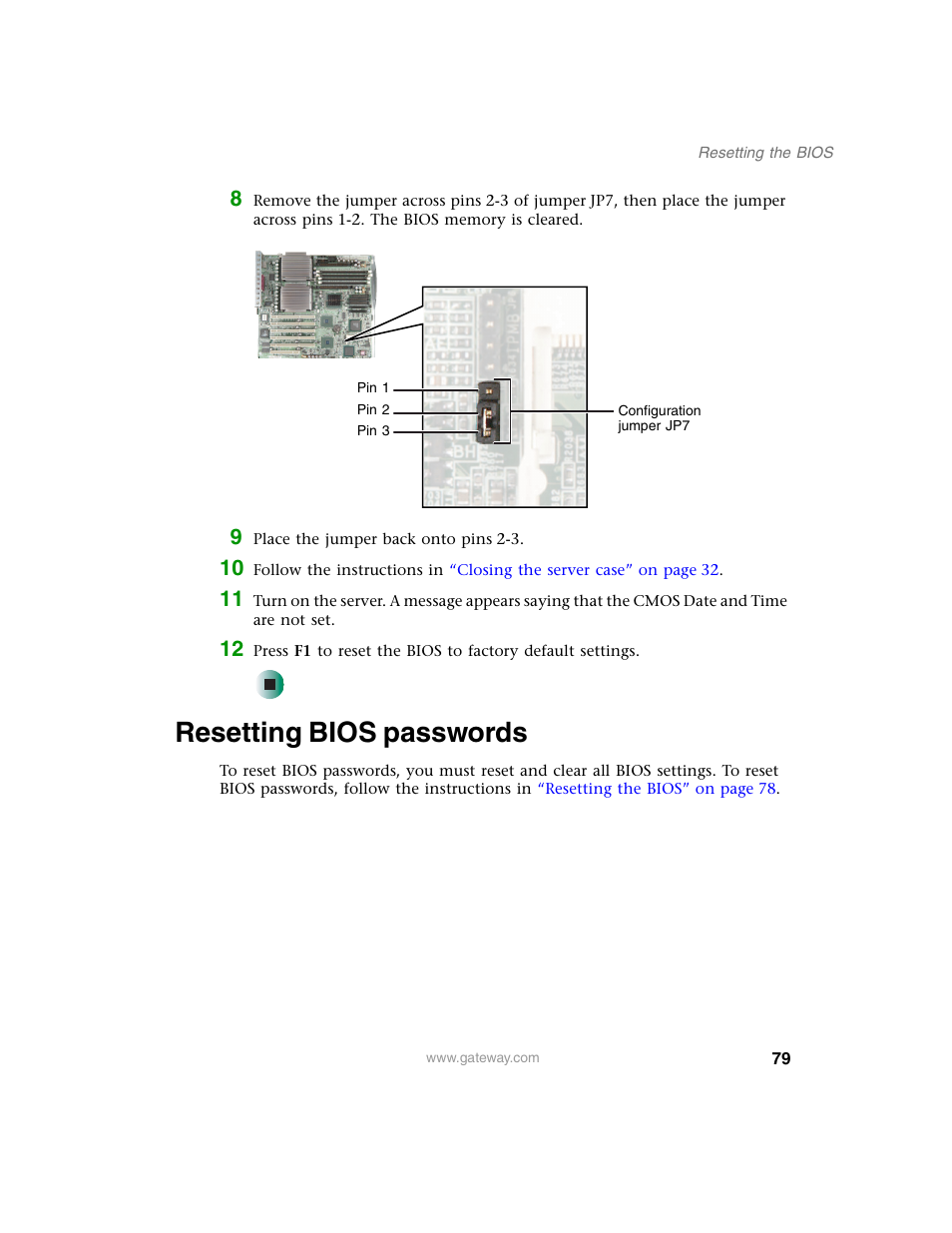 Resetting bios passwords, Resetting bios | Gateway 980 User Manual | Page 84 / 131