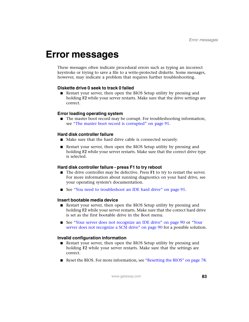 Error messages | Gateway 980 User Manual | Page 88 / 131