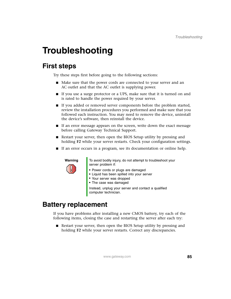 Troubleshooting, First steps, Battery replacement | First steps battery replacement | Gateway 980 User Manual | Page 90 / 131