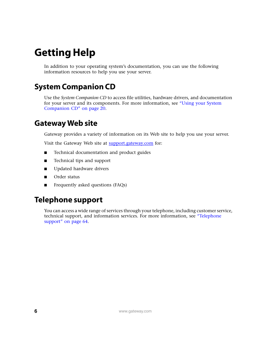 Getting help, System companion cd, Gateway web site | Telephone support | Gateway 9210 User Manual | Page 11 / 106