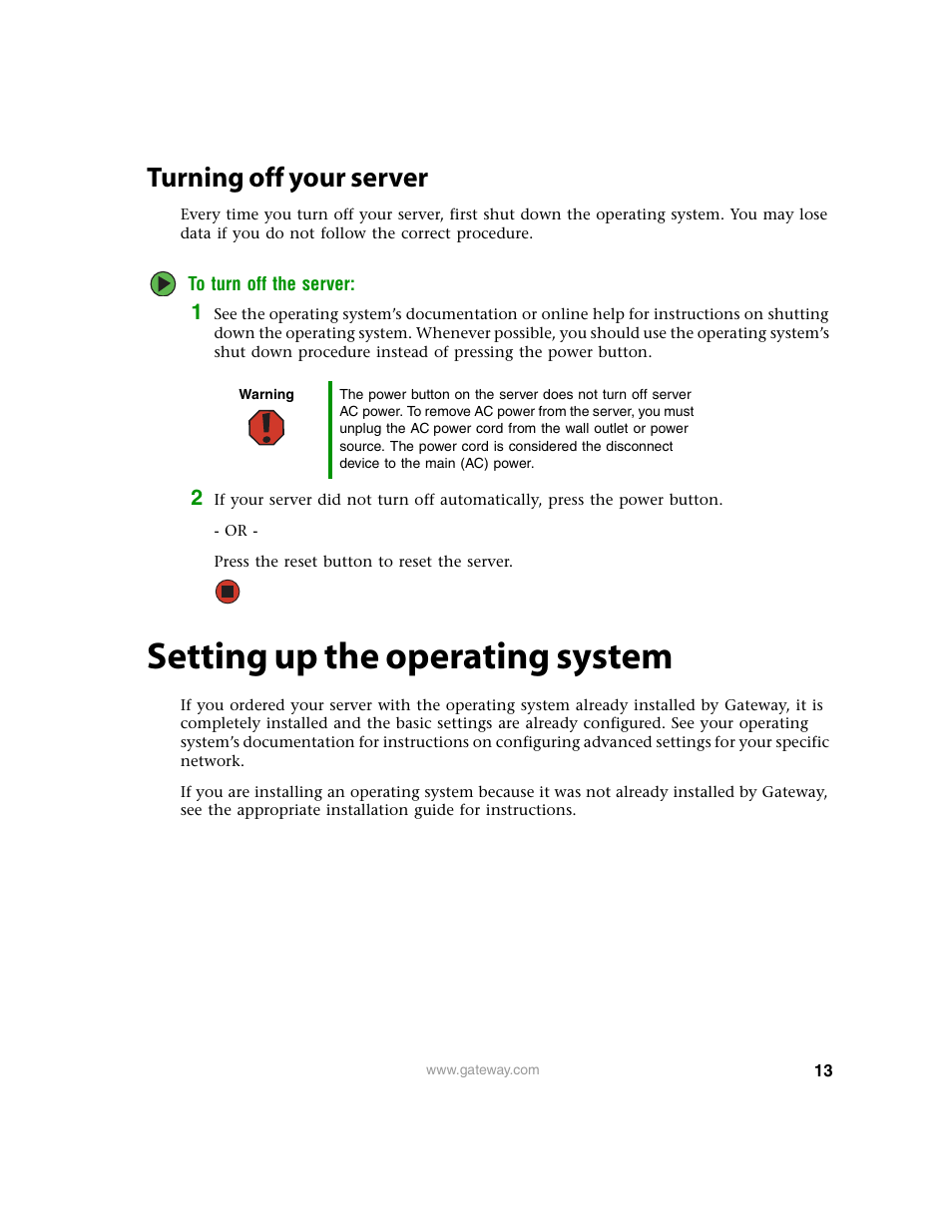 Turning off your server, Setting up the operating system | Gateway 9210 User Manual | Page 18 / 106