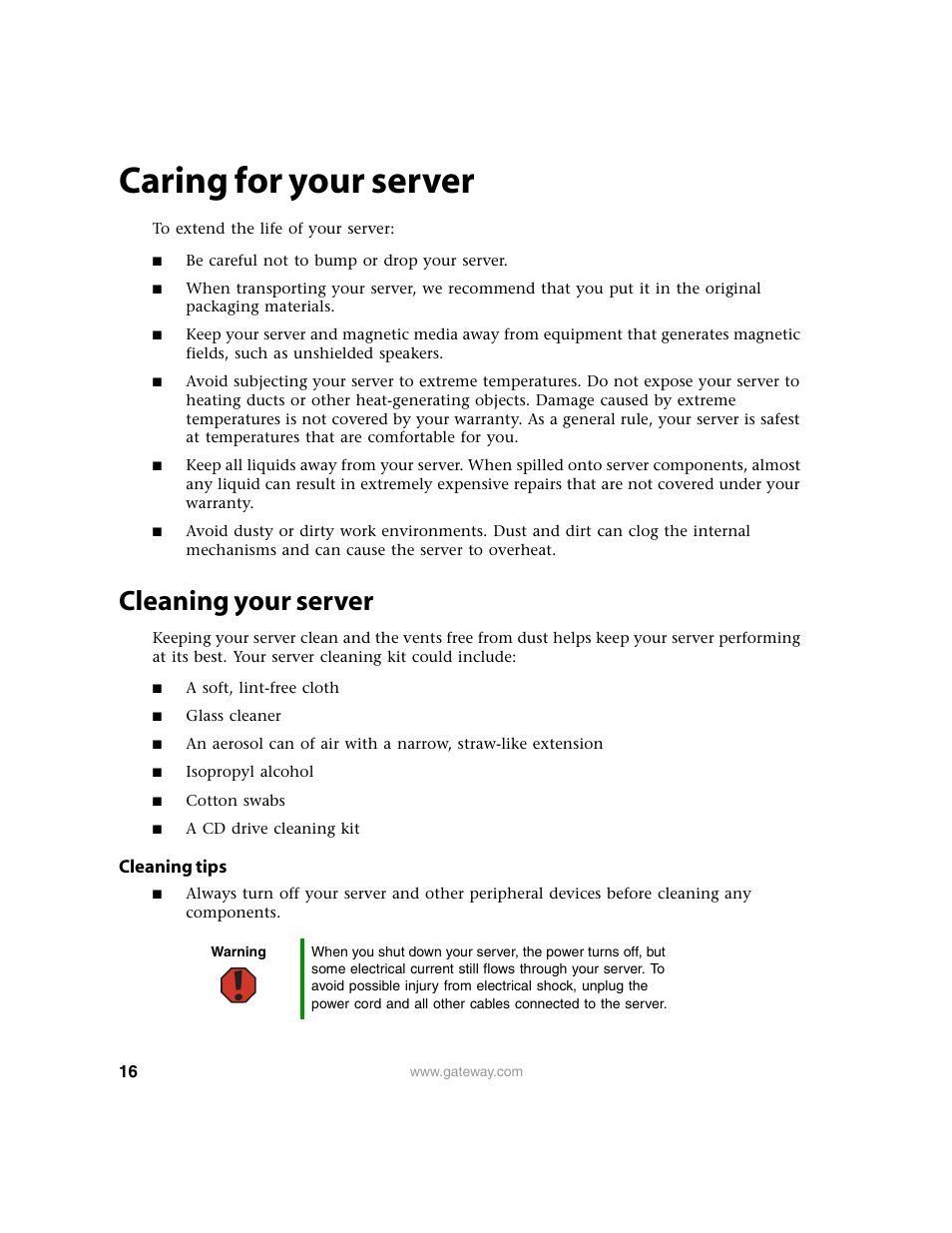 Caring for your server, Cleaning your server, Cleaning tips | Gateway 9210 User Manual | Page 21 / 106