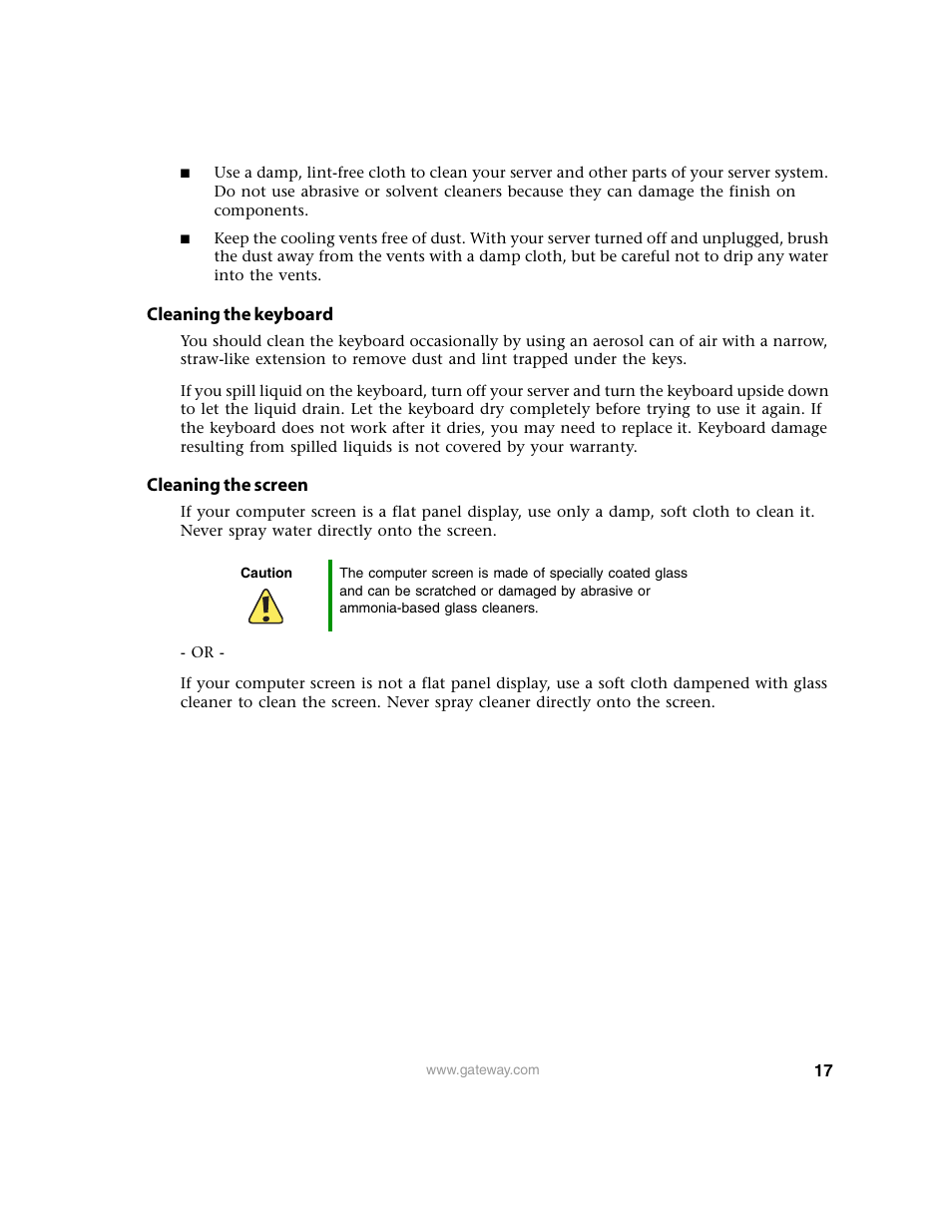Cleaning the keyboard, Cleaning the screen | Gateway 9210 User Manual | Page 22 / 106