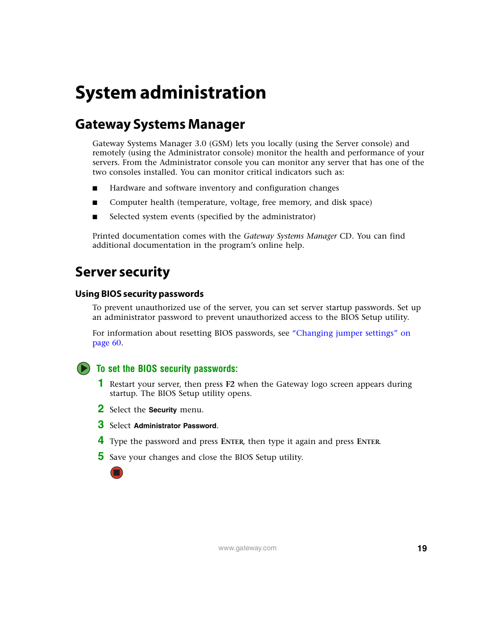 System administration, Gateway systems manager, Server security | Using bios security passwords, Gateway systems manager server security | Gateway 9210 User Manual | Page 24 / 106