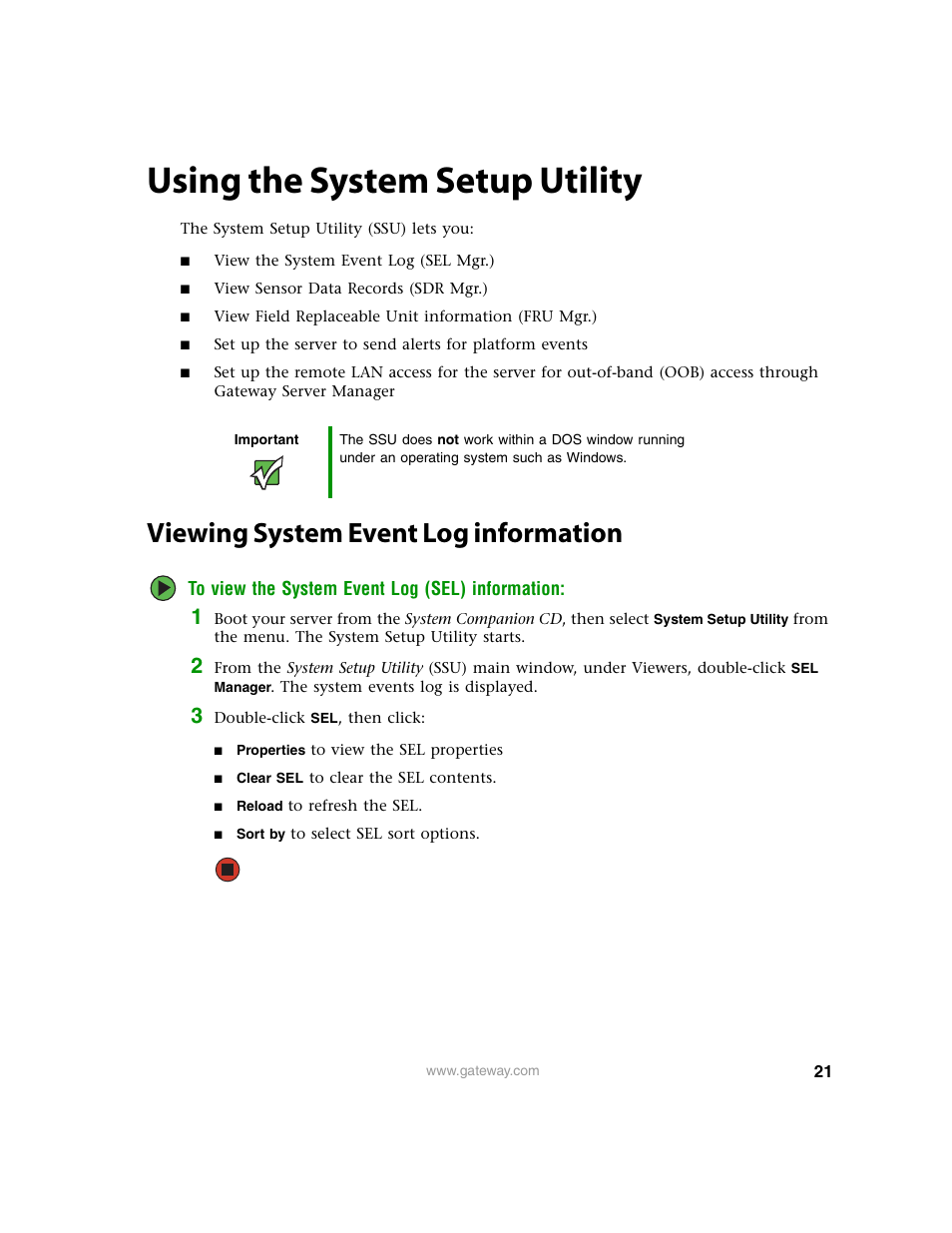 Using the system setup utility, Viewing system event log information | Gateway 9210 User Manual | Page 26 / 106