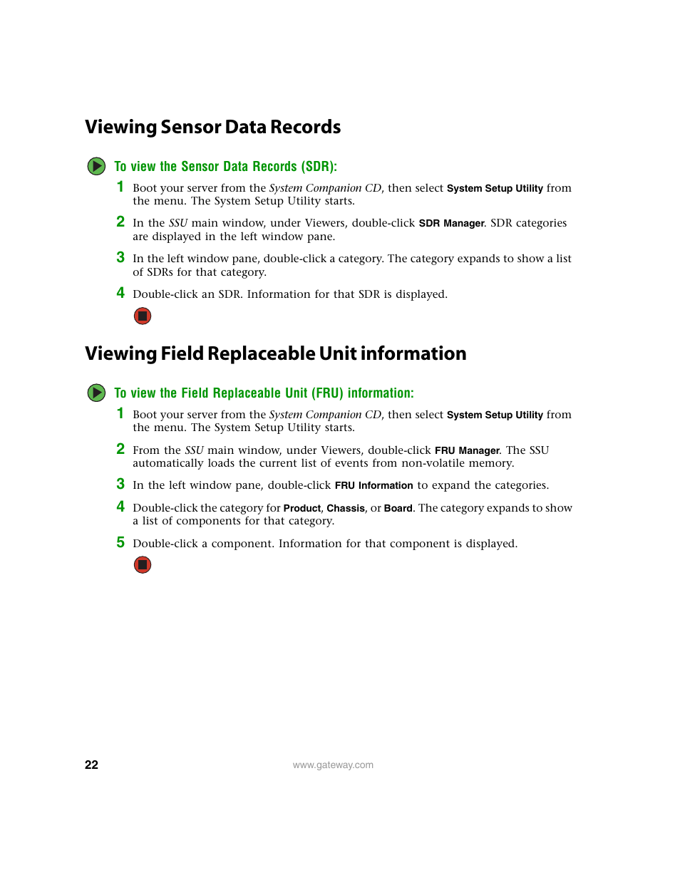 Viewing sensor data records, Viewing field replaceable unit information | Gateway 9210 User Manual | Page 27 / 106