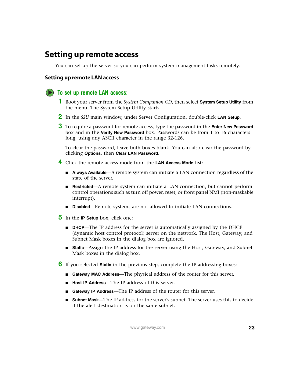 Setting up remote access, Setting up remote lan access | Gateway 9210 User Manual | Page 28 / 106