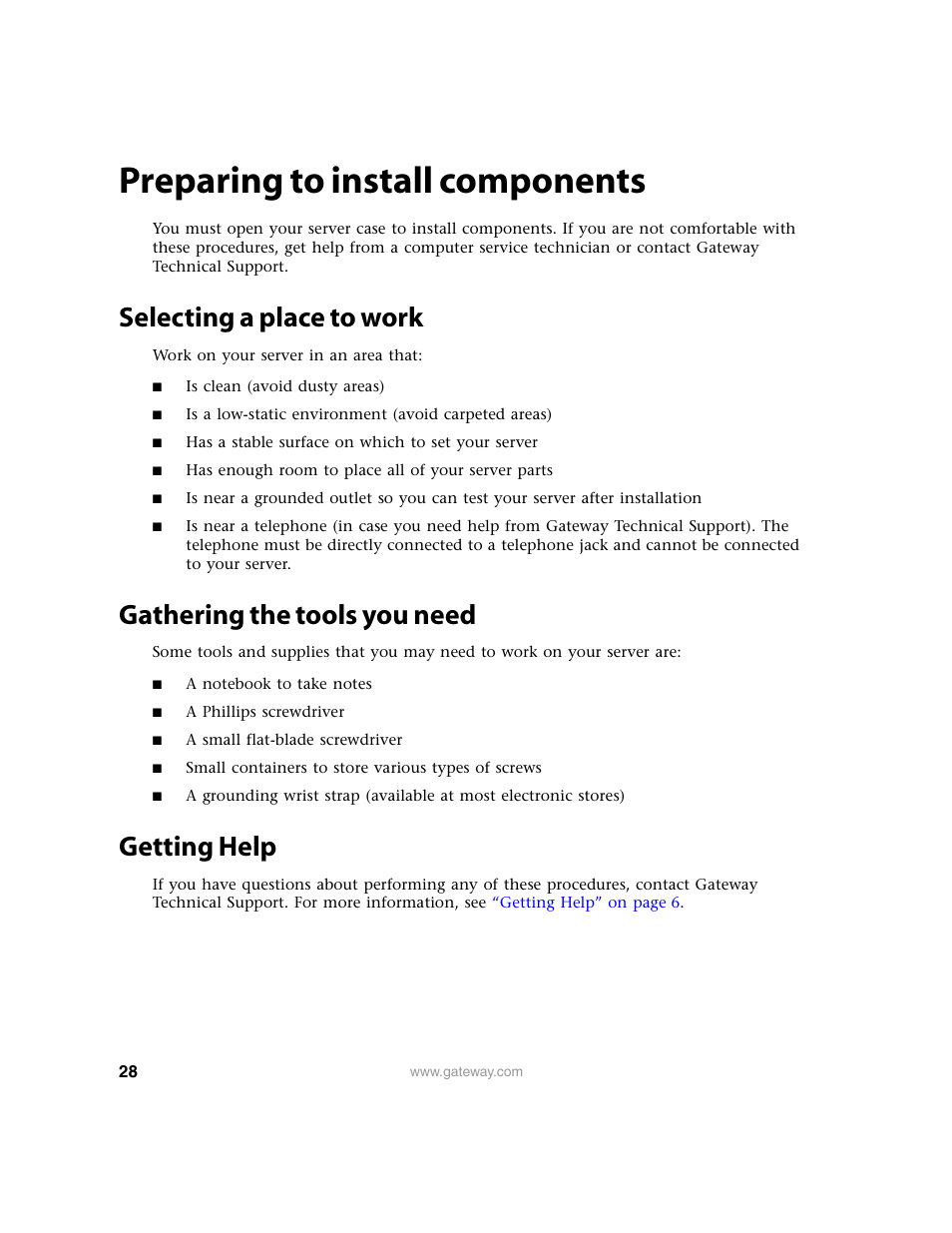 Preparing to install components, Selecting a place to work, Gathering the tools you need | Getting help | Gateway 9210 User Manual | Page 33 / 106