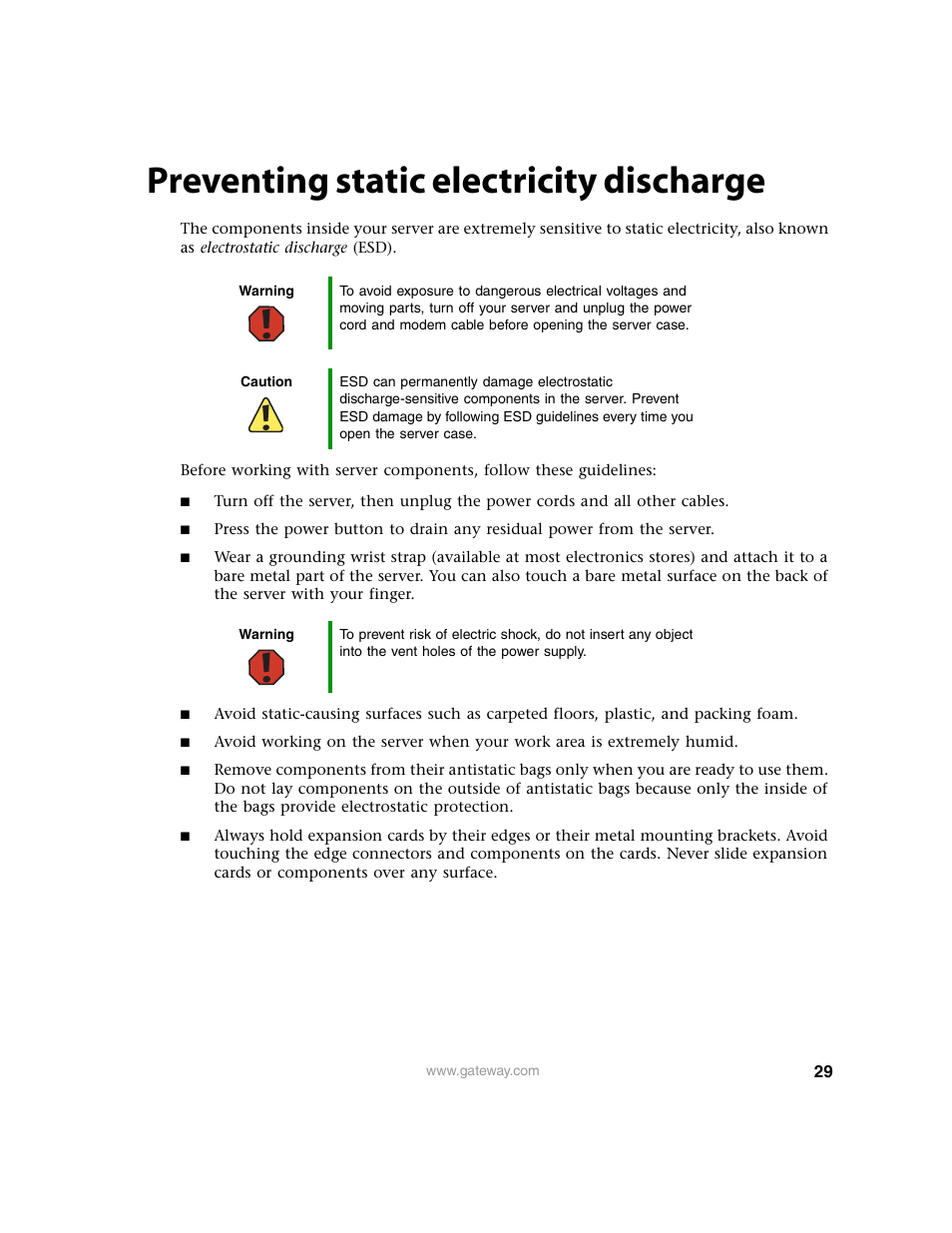 Preventing static electricity discharge | Gateway 9210 User Manual | Page 34 / 106