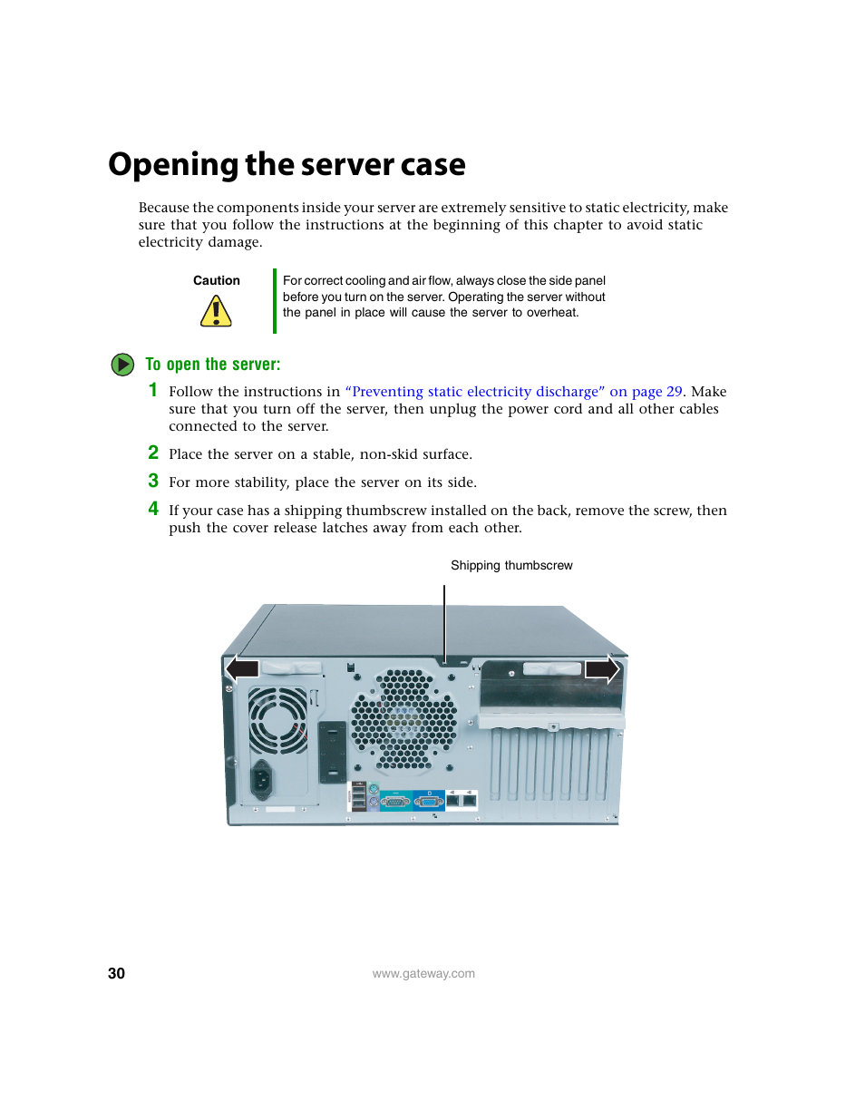 Opening the server case | Gateway 9210 User Manual | Page 35 / 106