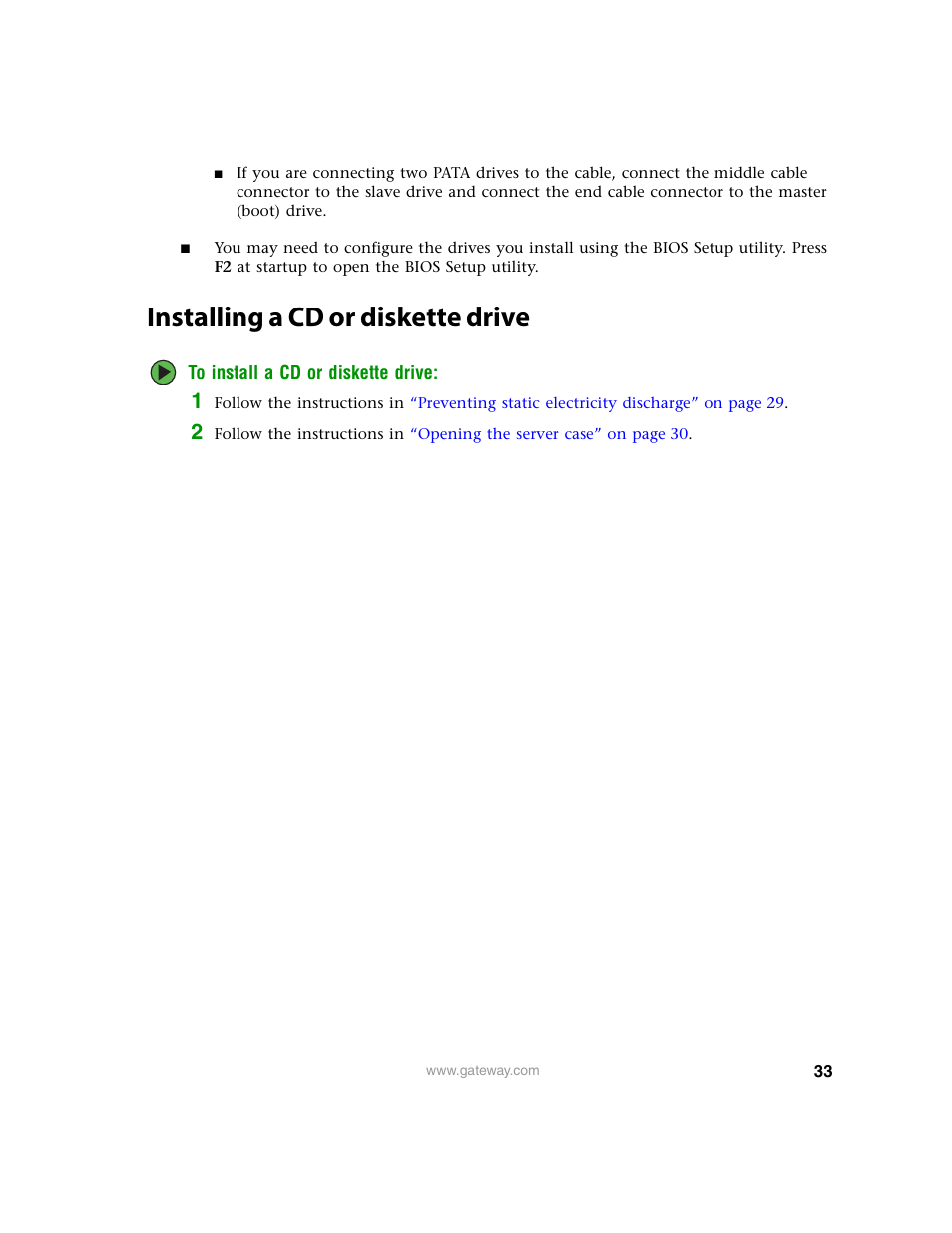 Installing a cd or diskette drive | Gateway 9210 User Manual | Page 38 / 106
