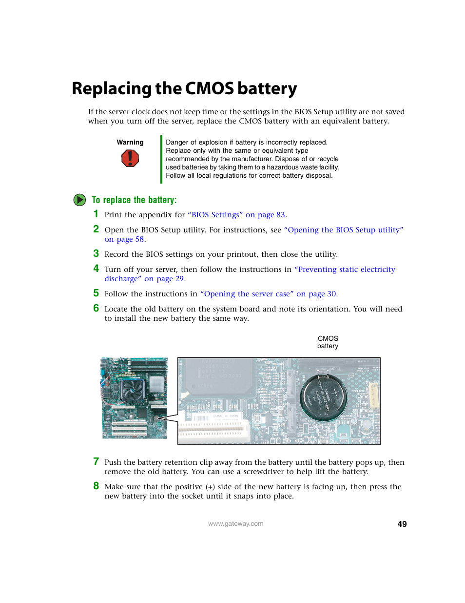 Replacing the cmos battery | Gateway 9210 User Manual | Page 54 / 106
