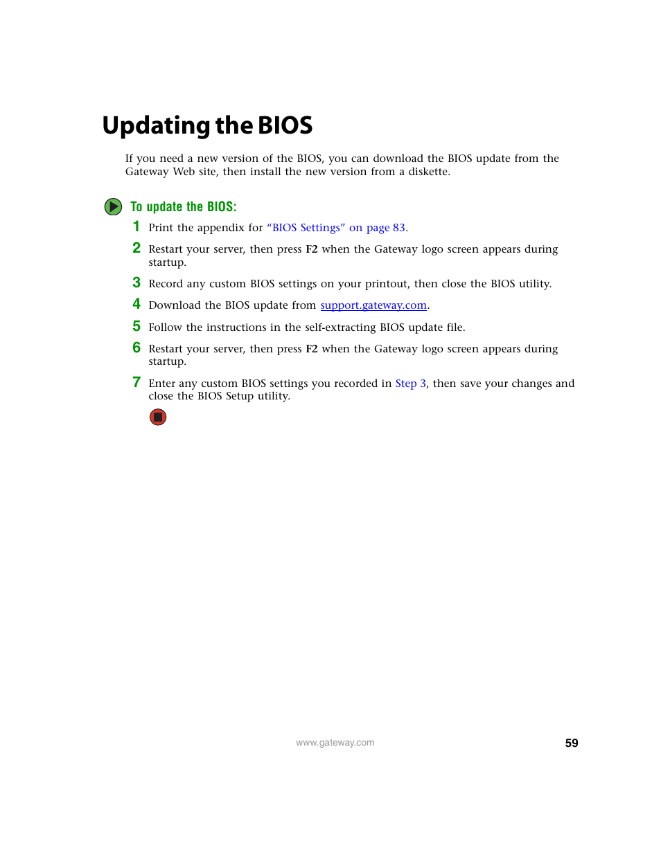 Updating the bios, Updating the bios” on | Gateway 9210 User Manual | Page 64 / 106