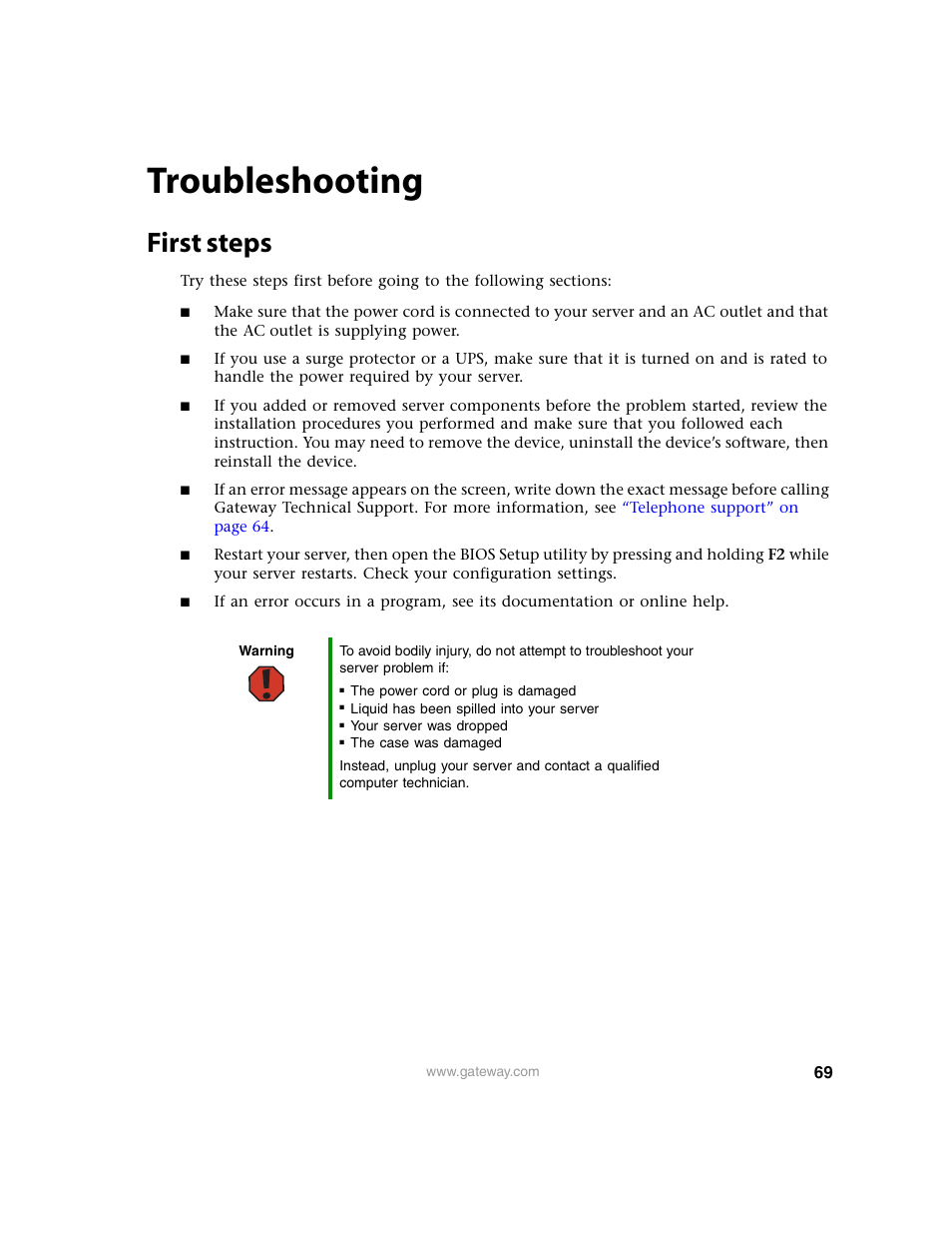 Troubleshooting, First steps | Gateway 9210 User Manual | Page 74 / 106