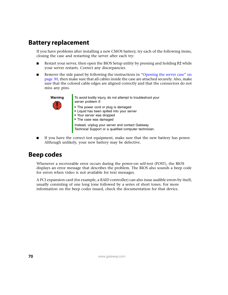 Battery replacement, Beep codes, Battery replacement beep codes | Gateway 9210 User Manual | Page 75 / 106