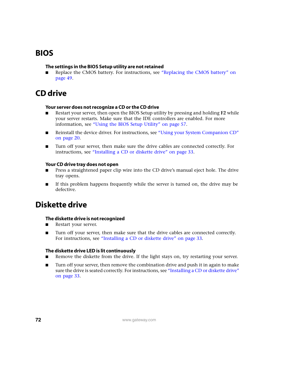 Bios, Cd drive, Diskette drive | Bios cd drive diskette drive | Gateway 9210 User Manual | Page 77 / 106