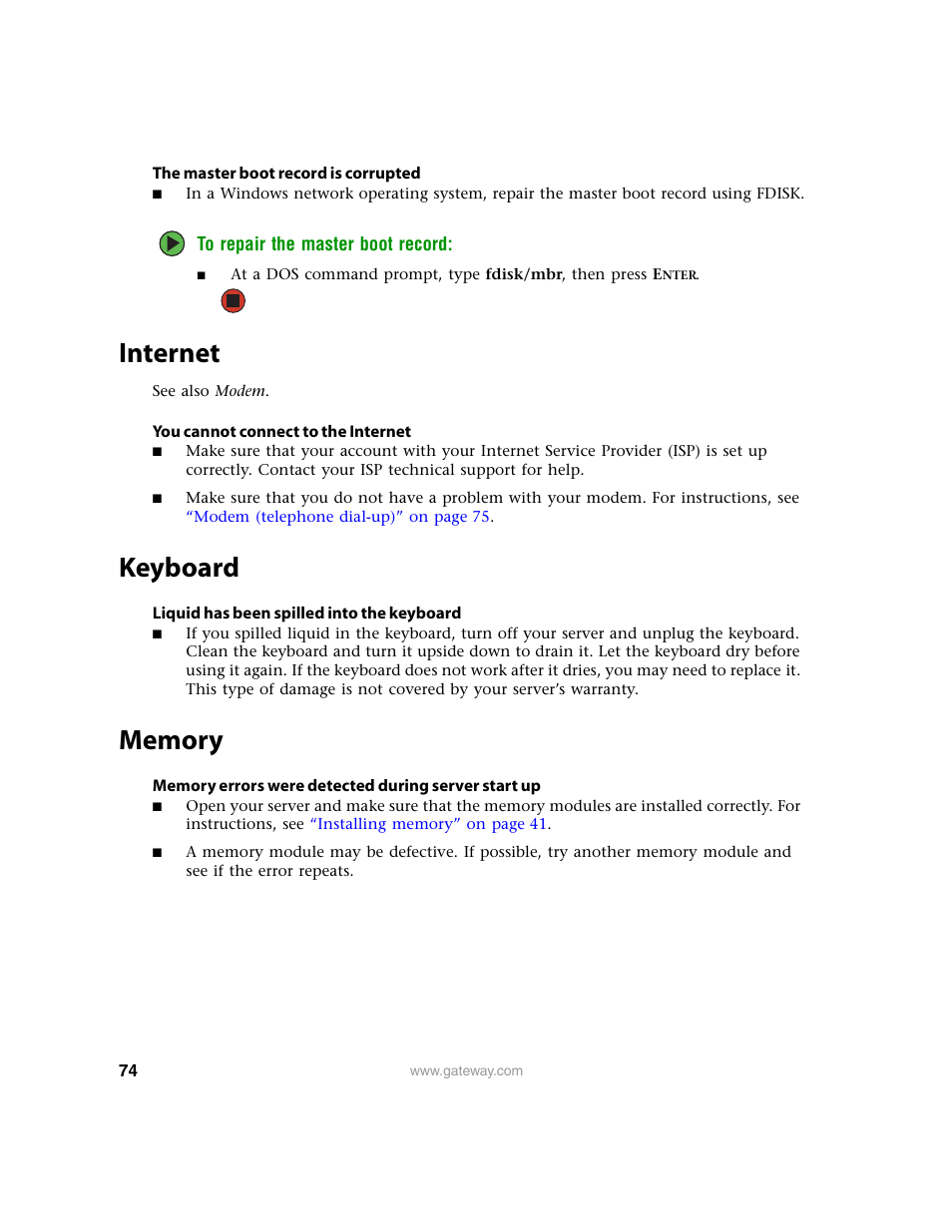 Internet, Keyboard, Memory | Internet keyboard memory, For a | Gateway 9210 User Manual | Page 79 / 106