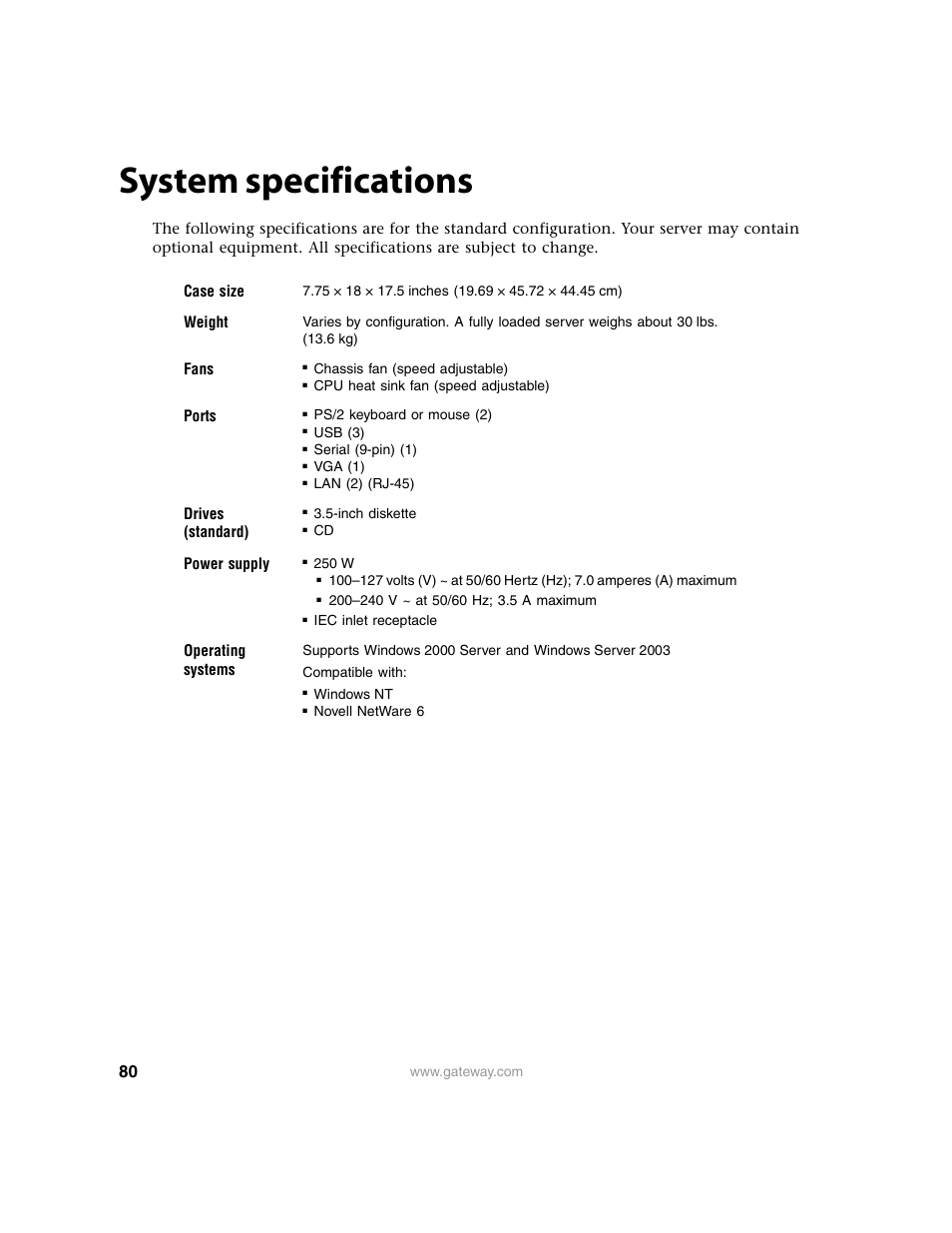 System specifications | Gateway 9210 User Manual | Page 85 / 106