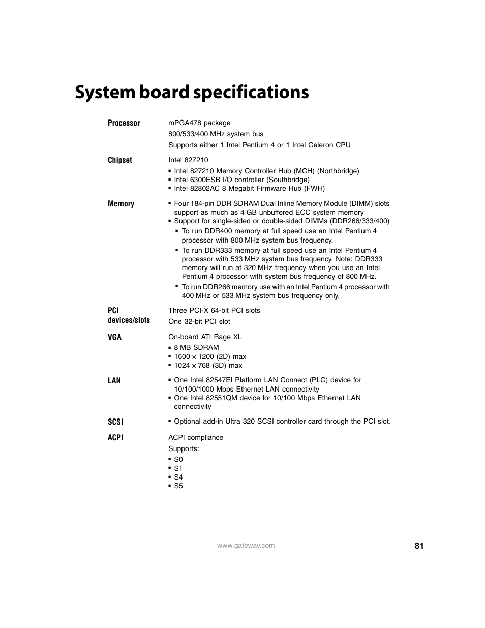 System board specifications | Gateway 9210 User Manual | Page 86 / 106