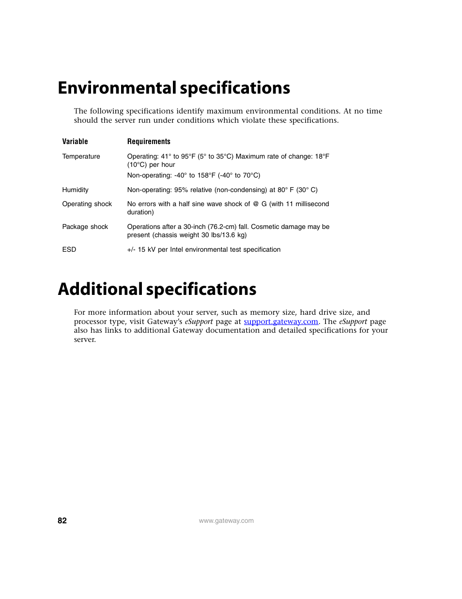 Environmental specifications, Additional specifications | Gateway 9210 User Manual | Page 87 / 106