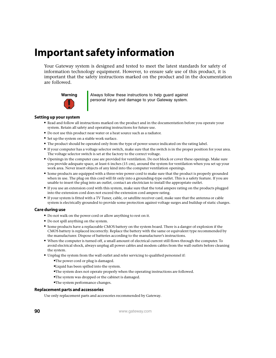 Important safety information, Care during use, Replacement parts and accessories | Gateway 9210 User Manual | Page 95 / 106