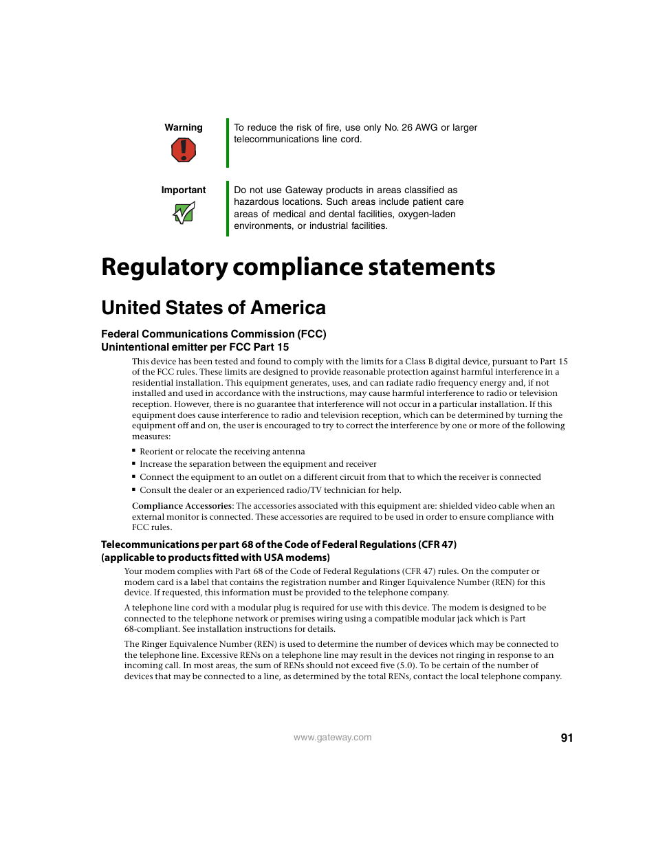 Regulatory compliance statements, United states of america | Gateway 9210 User Manual | Page 96 / 106