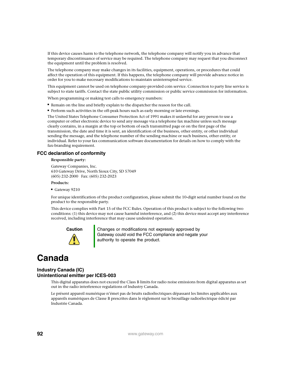 Canada | Gateway 9210 User Manual | Page 97 / 106