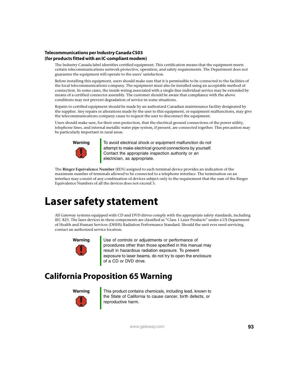 Laser safety statement, California proposition65 warning, California proposition 65 warning | Gateway 9210 User Manual | Page 98 / 106