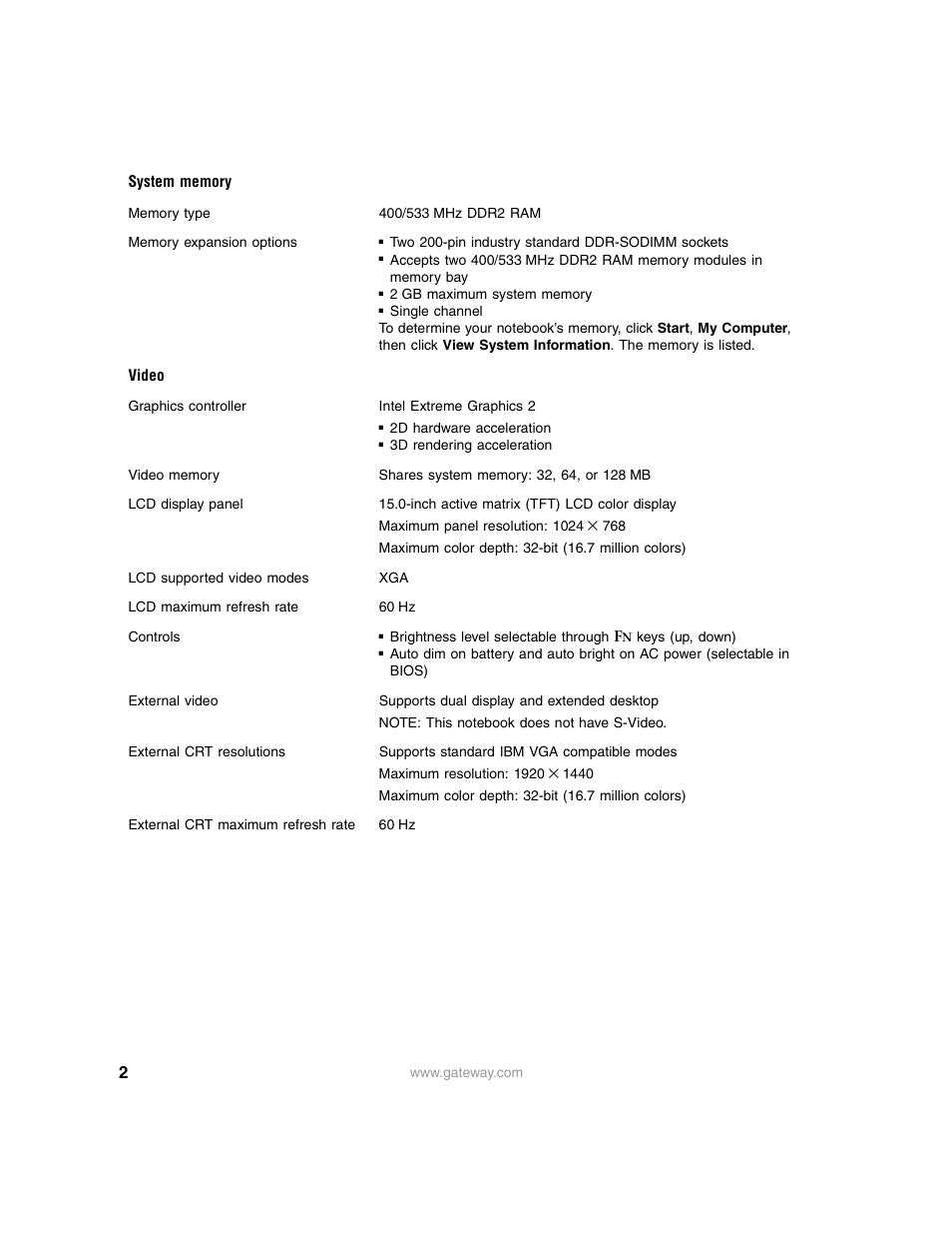 System memory, Video | Gateway M325 User Manual | Page 2 / 6