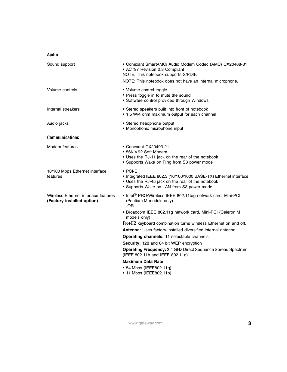 Audio, Communications | Gateway M325 User Manual | Page 3 / 6