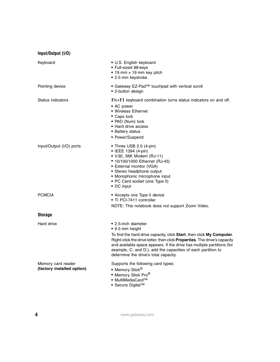 Input/output (i/o), Storage | Gateway M325 User Manual | Page 4 / 6