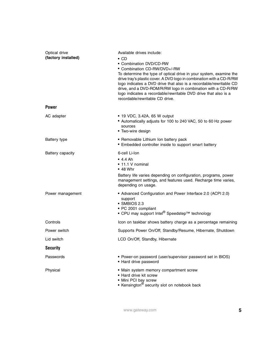 Power, Security | Gateway M325 User Manual | Page 5 / 6