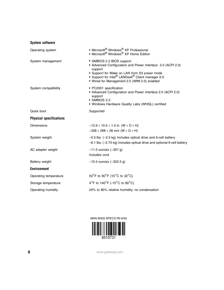 System software, Physical specifications, Environment | Gateway M325 User Manual | Page 6 / 6