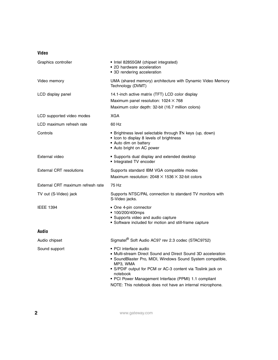 Video, Audio | Gateway 200ARC User Manual | Page 2 / 7