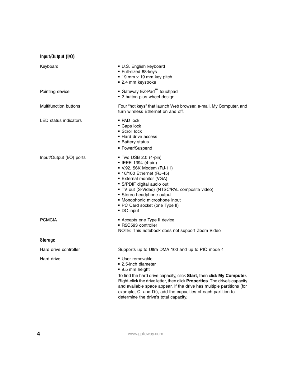 Input/output (i/o), Storage | Gateway 200ARC User Manual | Page 4 / 7