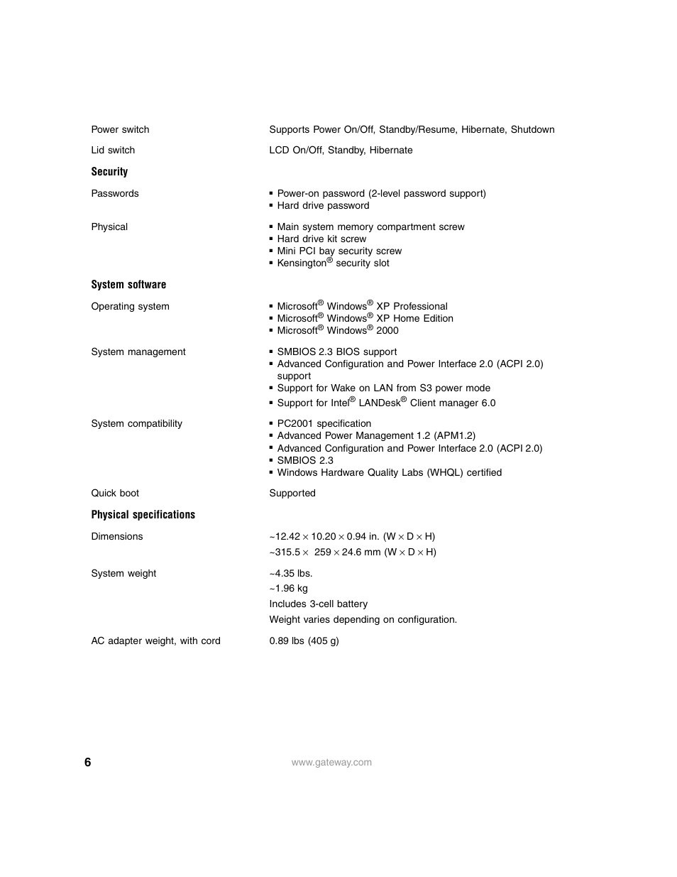 Security, System software, Physical specifications | Gateway 200ARC User Manual | Page 6 / 7